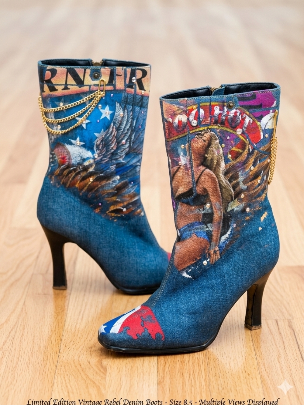 Rebel Denim Blue Graphic Mid-Calf Boots with Gold Chain Detail